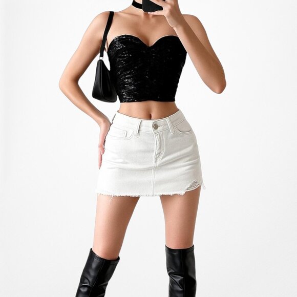 Vintage Y2K Black Sequin Sweetheart Neckline Strapless Tube Crop Top Size S - Picture 1 of 6